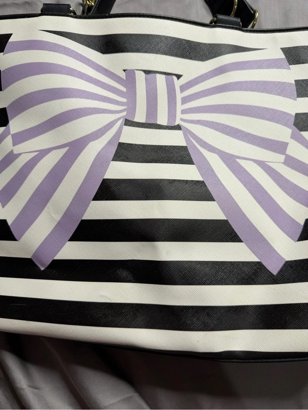 Betsey Johnson Black & White Striped Tote with Lavender Bow Print